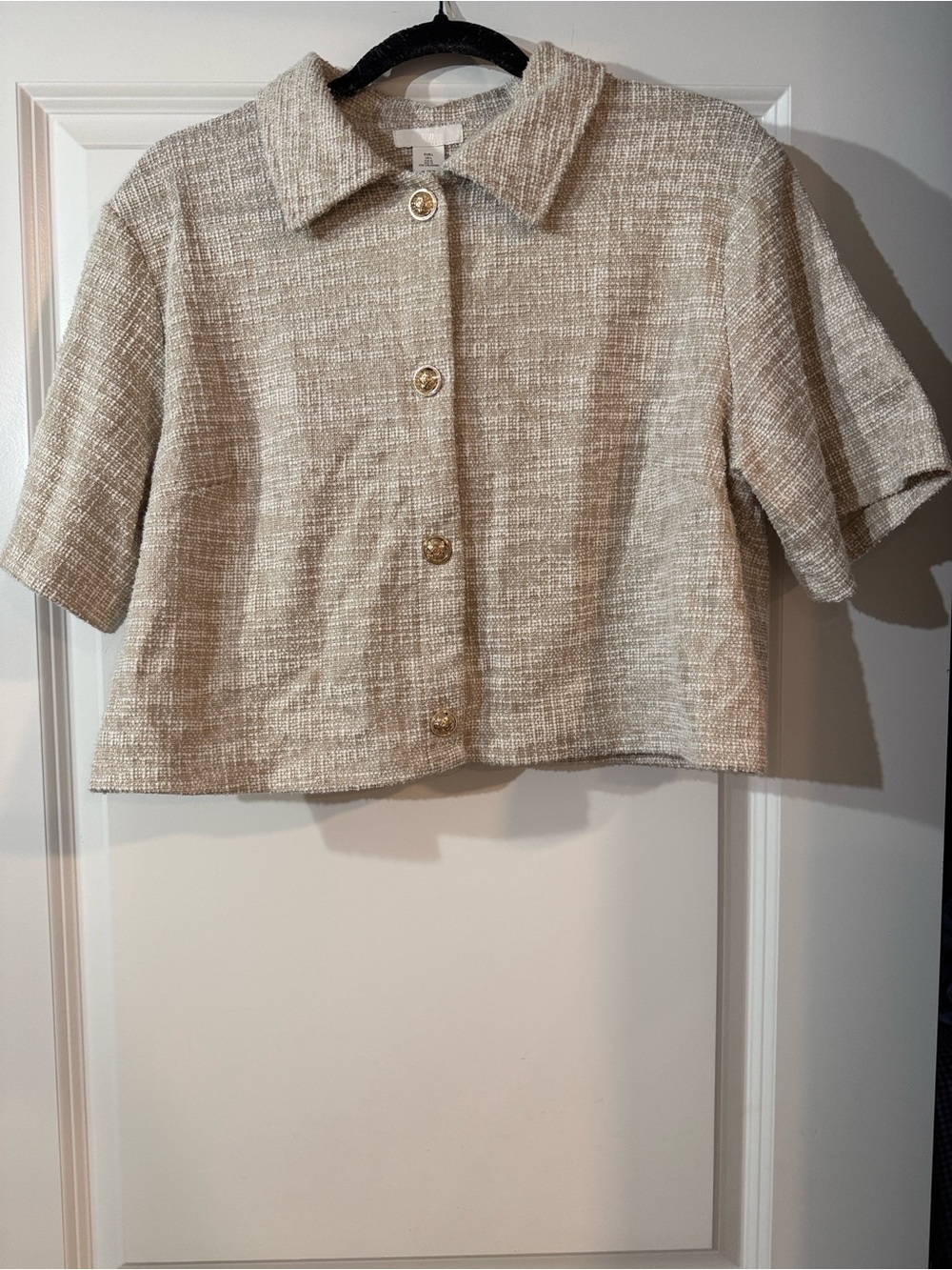 Cropped Beige Tweed Button-Up Jacket and Pants